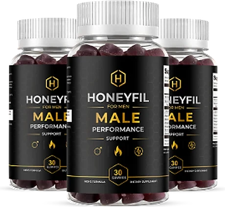 Three bottles of HoneyFil men's daily chewable gummies